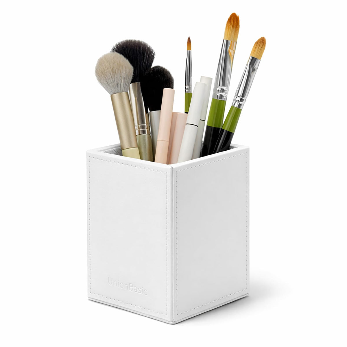UnionBasic Square Pen Holder, Leather Pencil Cup, Desktop Caddy Stationery Organizer, White