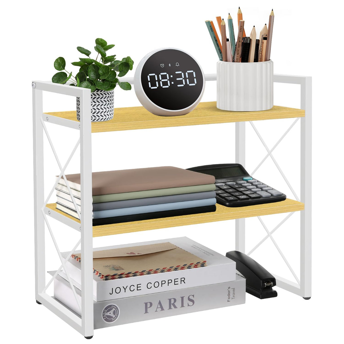 YINMIT Desktop Shelf Organizer, 2 Tier Office Shelves, Wood Desk Organizer Storage Rack and Freestanding Display Shelf for Office, Dormitory, Home(Black)