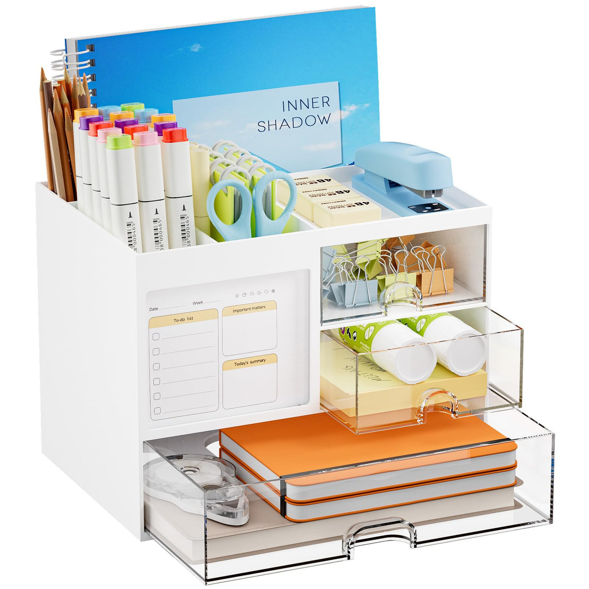 Marbrasse Desk Organizer with 3 Drawer, Multi-Functional Pencil Pen Holder for Desk, Desk Organizers and Accessories with 4 Compartments, Desktop Organizer Storage for Office Home Art Supplies (Black)