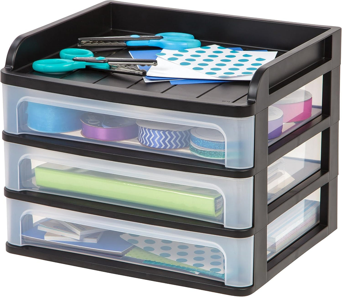 IRIS USA 2-Pack, 3-Drawer Small Plastic Stacking Desktop Organizer, Black