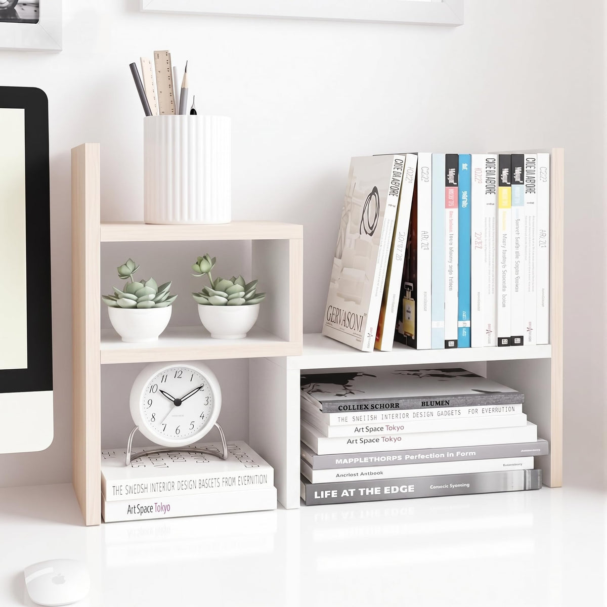 Jerry & Maggie - Desktop Organizer Office Storage Rack Adjustable Wood Display Shelf | Birthday Gifts - Toy - Home Decor | - Free Style Rotation Display - True Natural Stand Shelf (White)