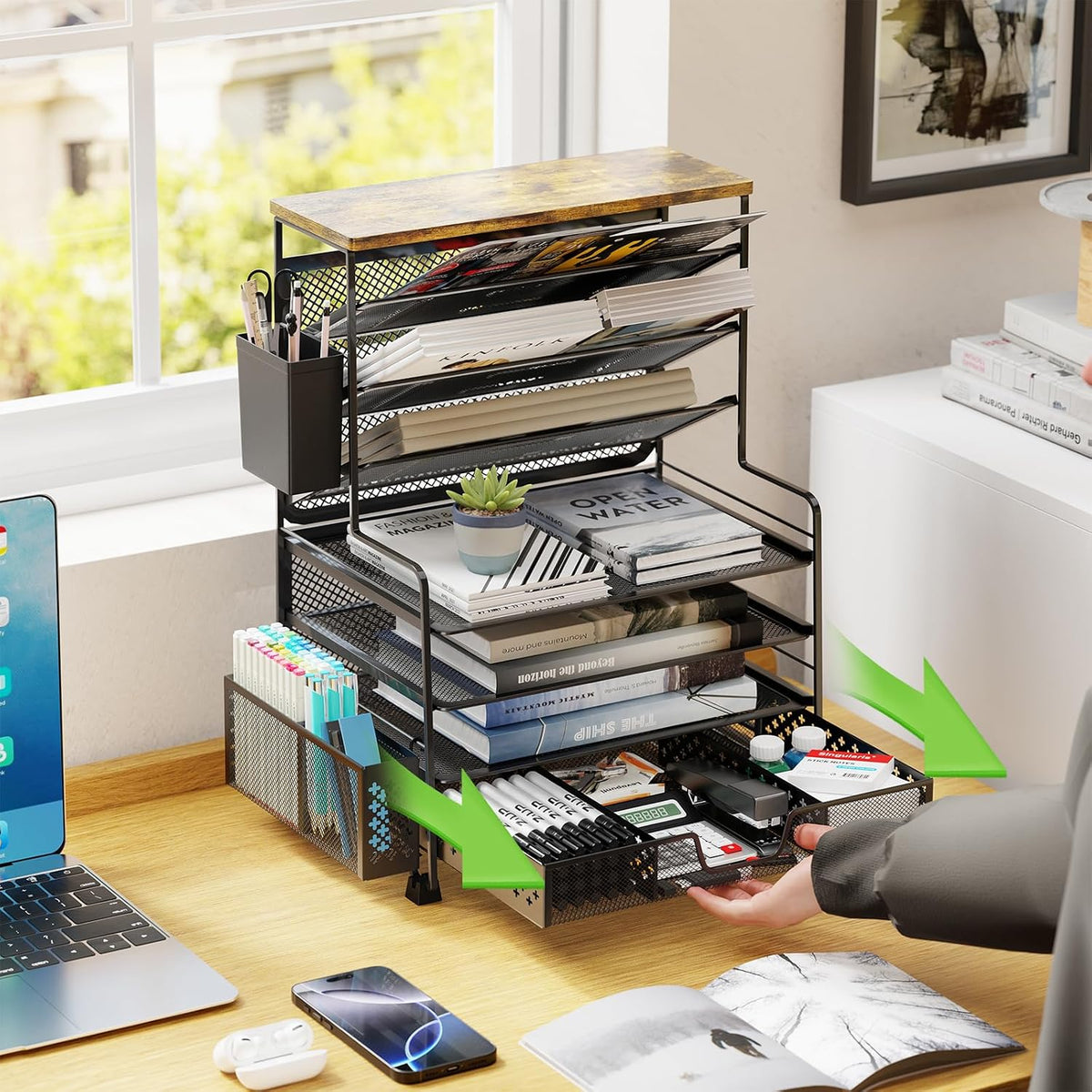Ekisemio 8 Tier Desk File Organizer with Sliding Drawer, Desktop Organizers and Accessories, Letter Size File Organizer for Desk, Black