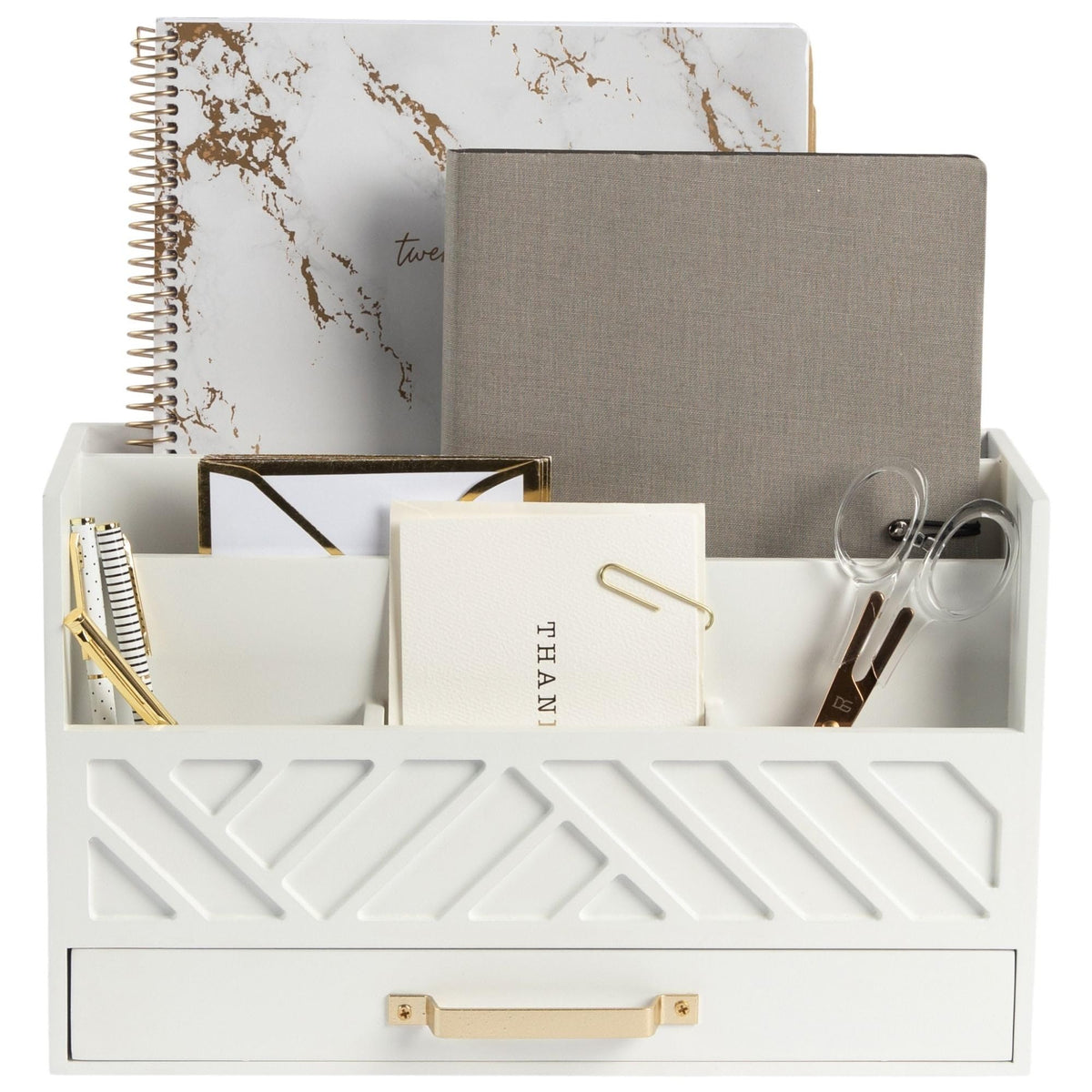 BLU MONACO | Wooden Mail Organizer with Drawer | Mail Organizer Countertop with 6 Compartments | Bill Holder for Desk | White Desktop Mail Sorter