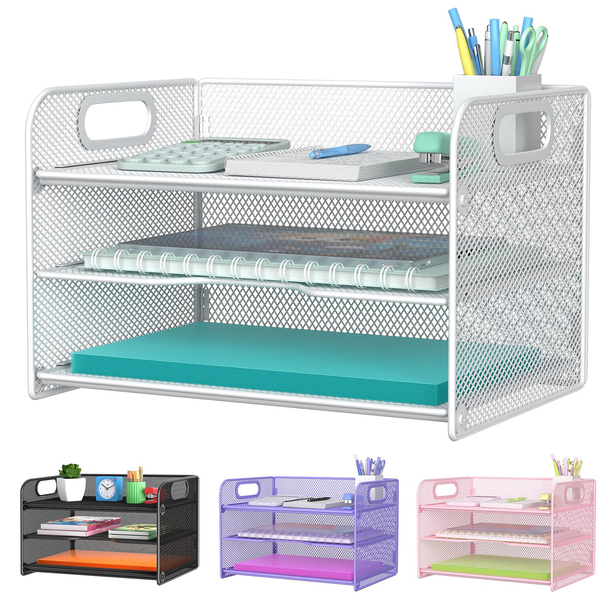 Samstar 3 Tier Letter Tray Paper Organizer with Handle, Mesh Desk Organizer Paper Sorter File Rack Shelves, Black