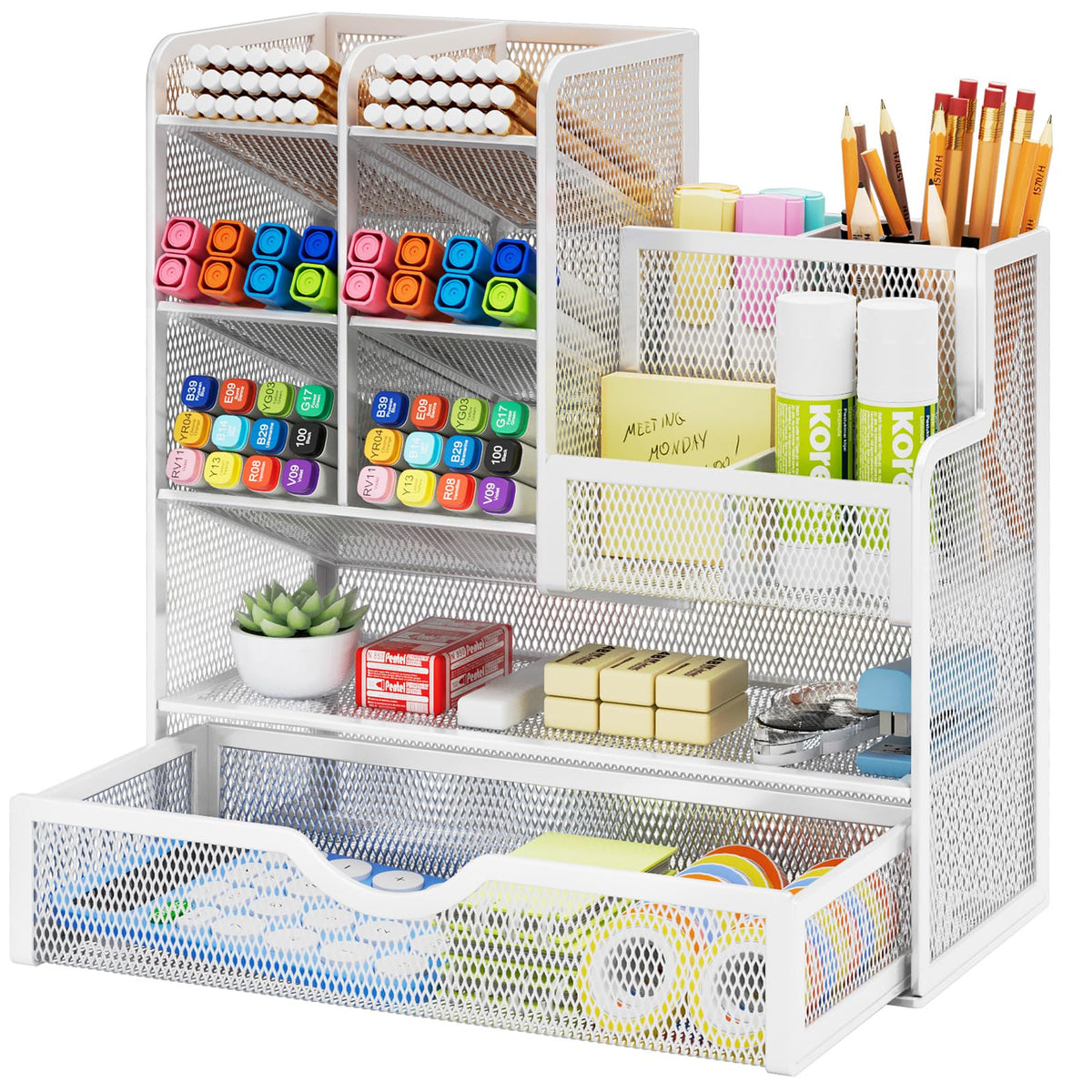 Marbrasse Mesh Pen Holder for Desk, Multi-Functional Pencil Organizer with Drawer, Desk Organizers and Accessories for Office Art Supplies (Black)