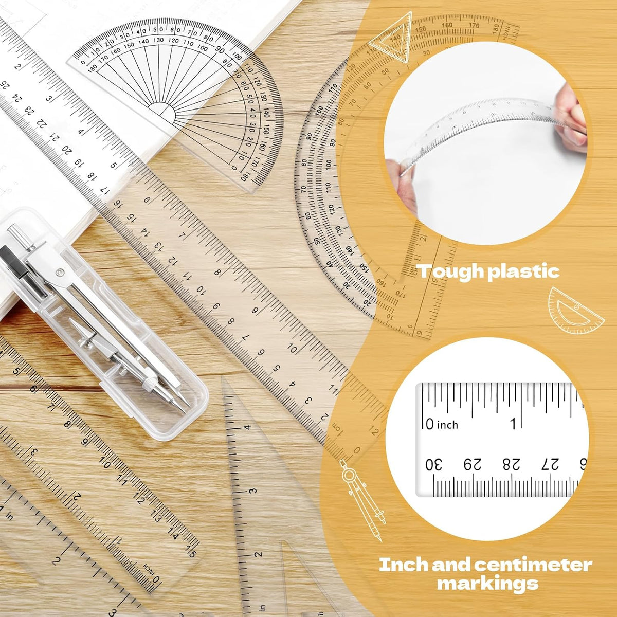 7Pcs Geometry Set-Clear Plastic Rulers,Triangle Ruler,Protractor,Compass