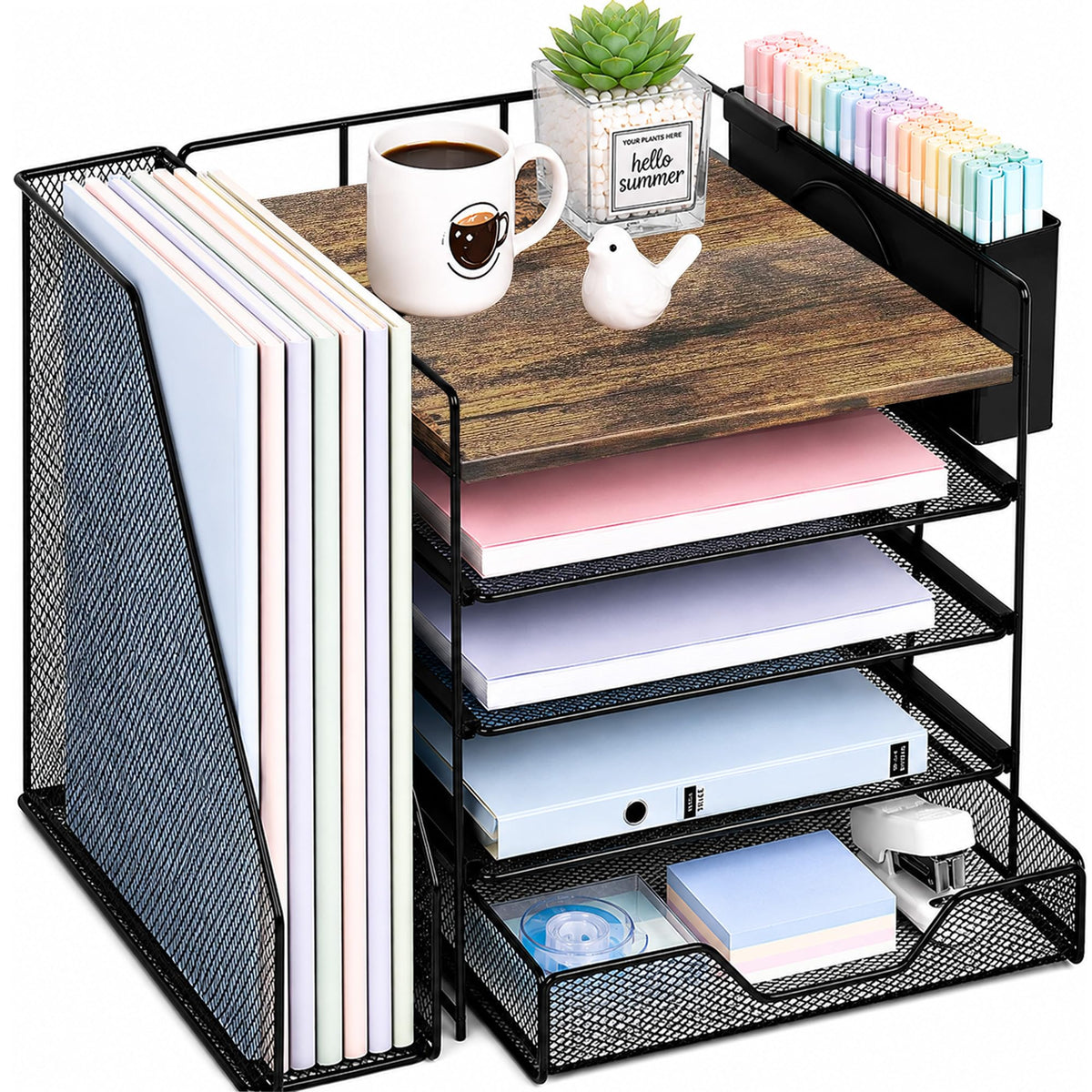 5-Tier Desk File Organizer with Drawer & Pen Holder (Black)
