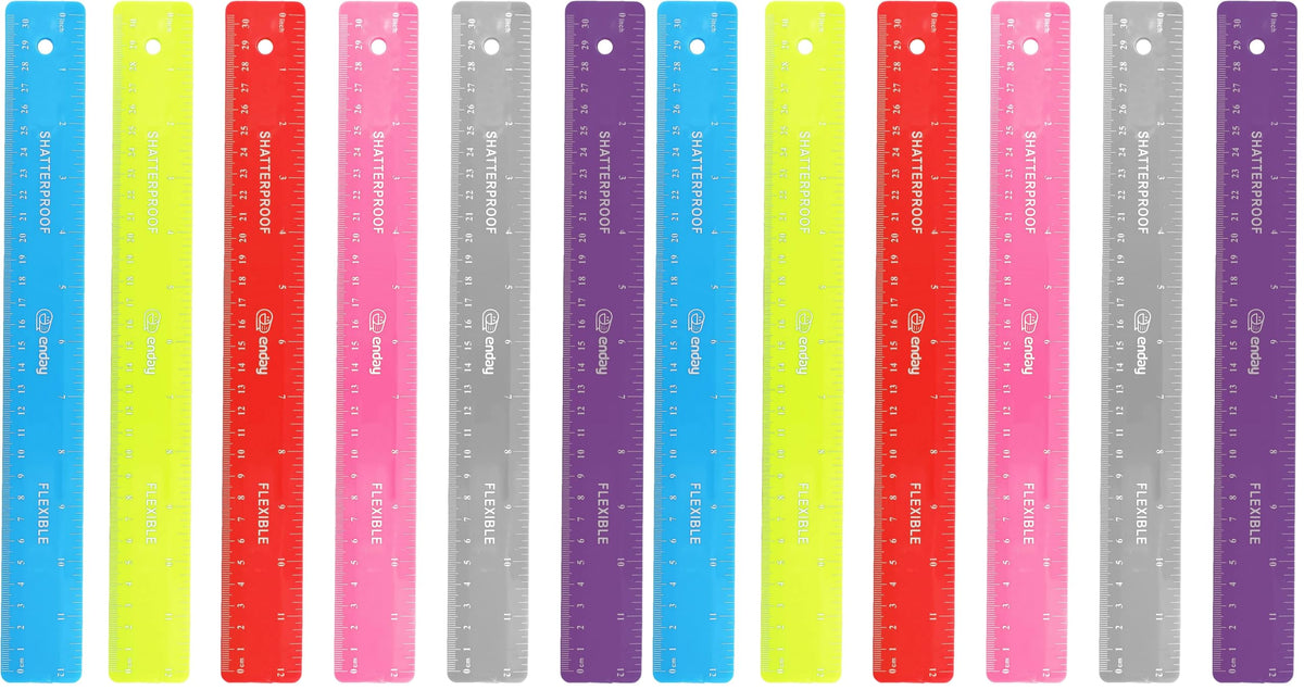 Emraw 12 inches (30 cm) Shatterproof Flexible Rulers Designed in Black, Blue, Green, Pink, Purple, and Orange - Great for School, Home, & Office – (6 Pack)