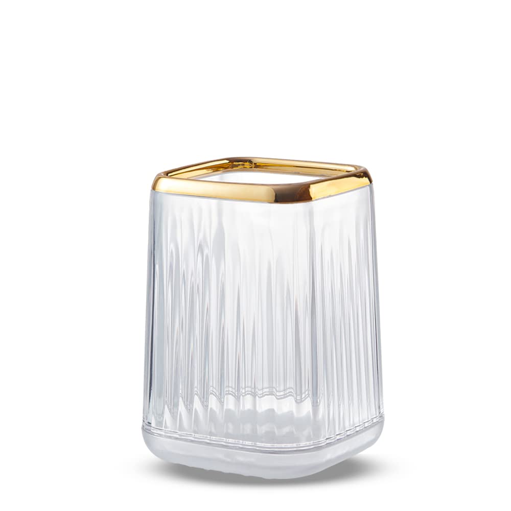 Lebenrich Makeup Brush Holder Organizer for Vanity, Acrylic Gold Make Up Brushes Holders Container Storage Cup with Striped Design for Bathroom Countertop, Pen Pencil Holder Cosmetic Cup for Desk