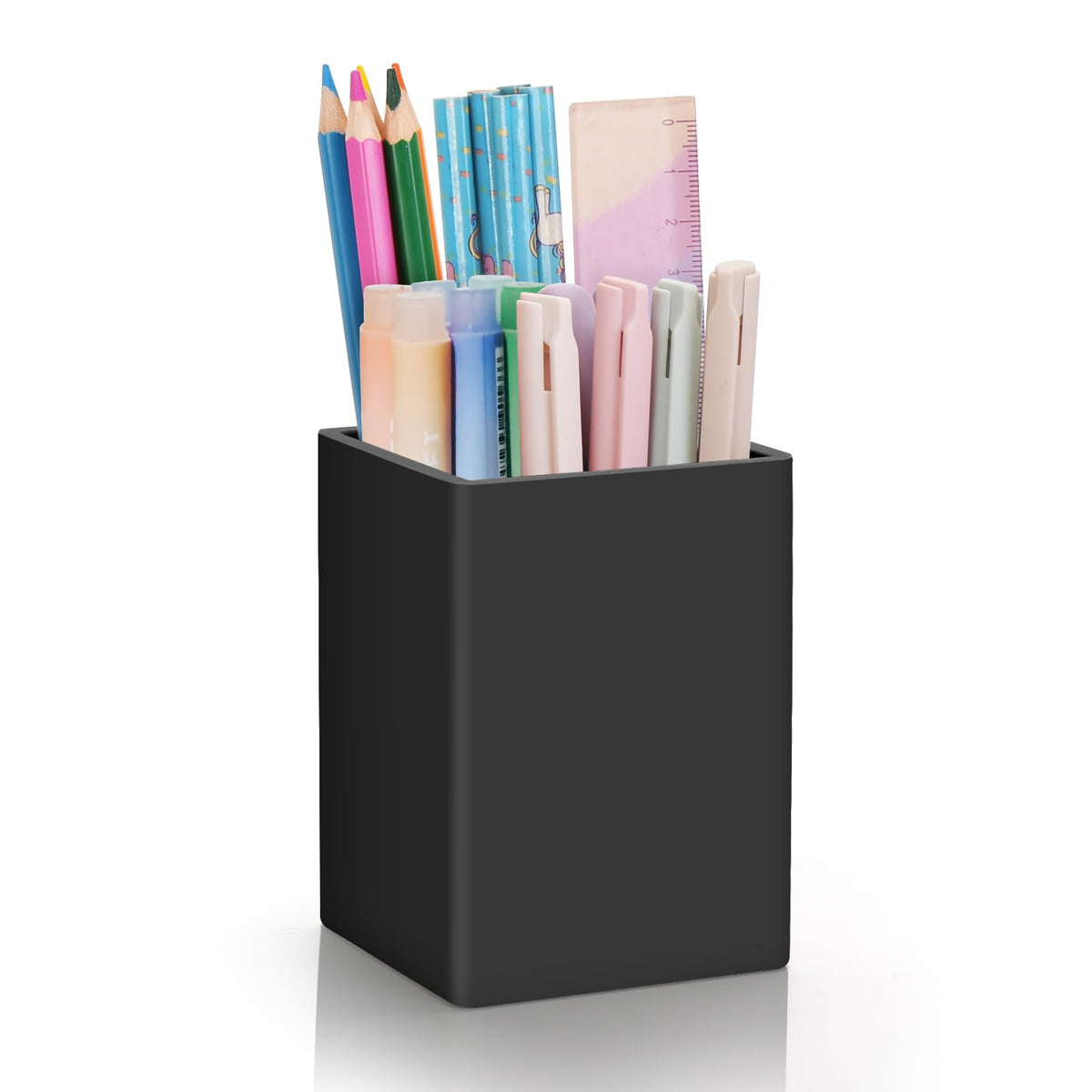 Pen Holder for Desk,Nordic Elegance Square Silicone Pencil Holder Soft Minimalist Desk Pen Cup Stand Waterproof Multifunctional Office Supplies for Home,Kids and School(Black)