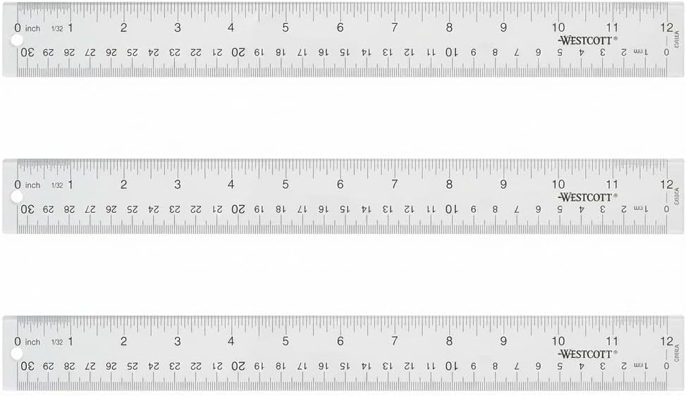 Westcott Acrylic Clear Ruler, Easy-to-Read Markings, Scratch-Resistant Design, Raised Beveled Edges, for Crafting, Office, Classroom, Back to School Supplies, 12-Inch