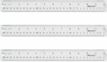 Westcott Acrylic Clear Rulers Set, Easy-to-Read Markings, Scratch-Resistant Design, Raised Beveled Edges, for Crafting, Office, Classroom, Back to School, School Supplies, 12-Inch, 3 Pack