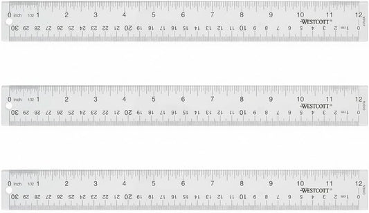 Westcott Acrylic Clear Rulers Set, Easy-to-Read Markings, Scratch-Resistant Design, Raised Beveled Edges, for Crafting, Office, Classroom, Back to School, School Supplies, 12-Inch, 3 Pack
