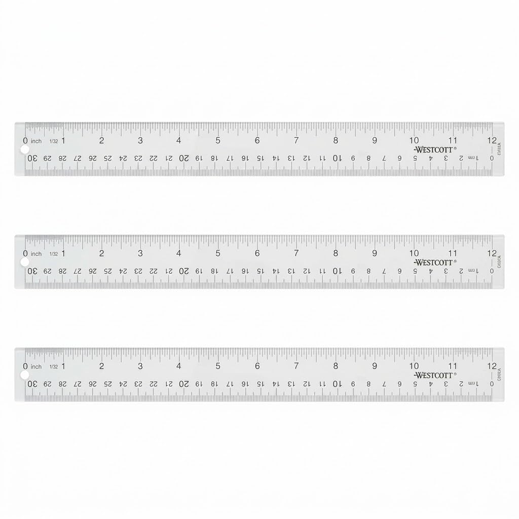 Westcott Acrylic Clear Ruler, Easy-to-Read Markings, Scratch-Resistant Design, Raised Beveled Edges, for Crafting, Office, Classroom, Back to School Supplies, 12-Inch