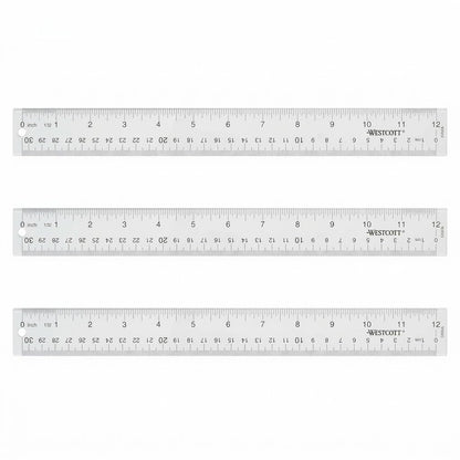 Westcott Acrylic Clear Rulers Set, Easy-to-Read Markings, Scratch-Resistant Design, Raised Beveled Edges, for Crafting, Office, Classroom, Back to School, School Supplies, 12-Inch, 3 Pack
