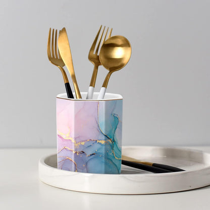 Ceramic Marble Pen Holder, Cute Stationery Holder for Office, Makeup Brush Holder for Girl Women, Colorful Green