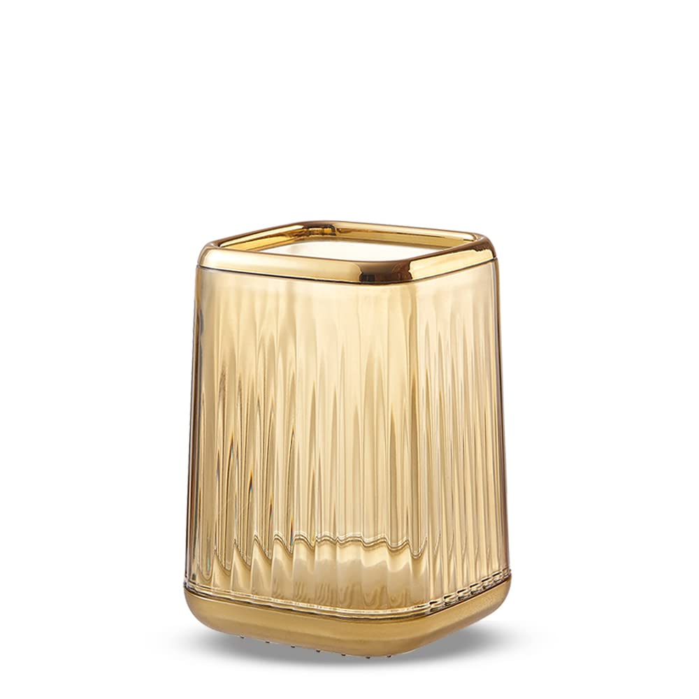 Lebenrich Makeup Brush Holder Organizer for Vanity, Acrylic Gold Make Up Brushes Holders Container Storage Cup with Striped Design for Bathroom Countertop, Pen Pencil Holder Cosmetic Cup for Desk
