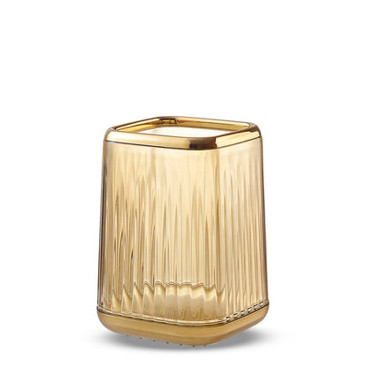 Lebenrich Makeup Brush Holder Organizer for Vanity, Acrylic Gold Make Up Brushes Holders Container Storage Cup with Striped Design for Bathroom Countertop, Pen Pencil Holder Cosmetic Cup for Desk