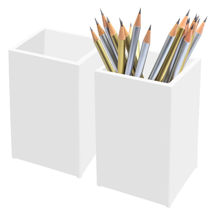 White Acrylic Pencil Pen Holder Cup 2 Pack,Desk Accessories Holder,Makeup Brush Storage Organizer,Modern Design Desktop Stationery Organizer for Office School Home Supplies,2.6x 2.6x 4 inches
