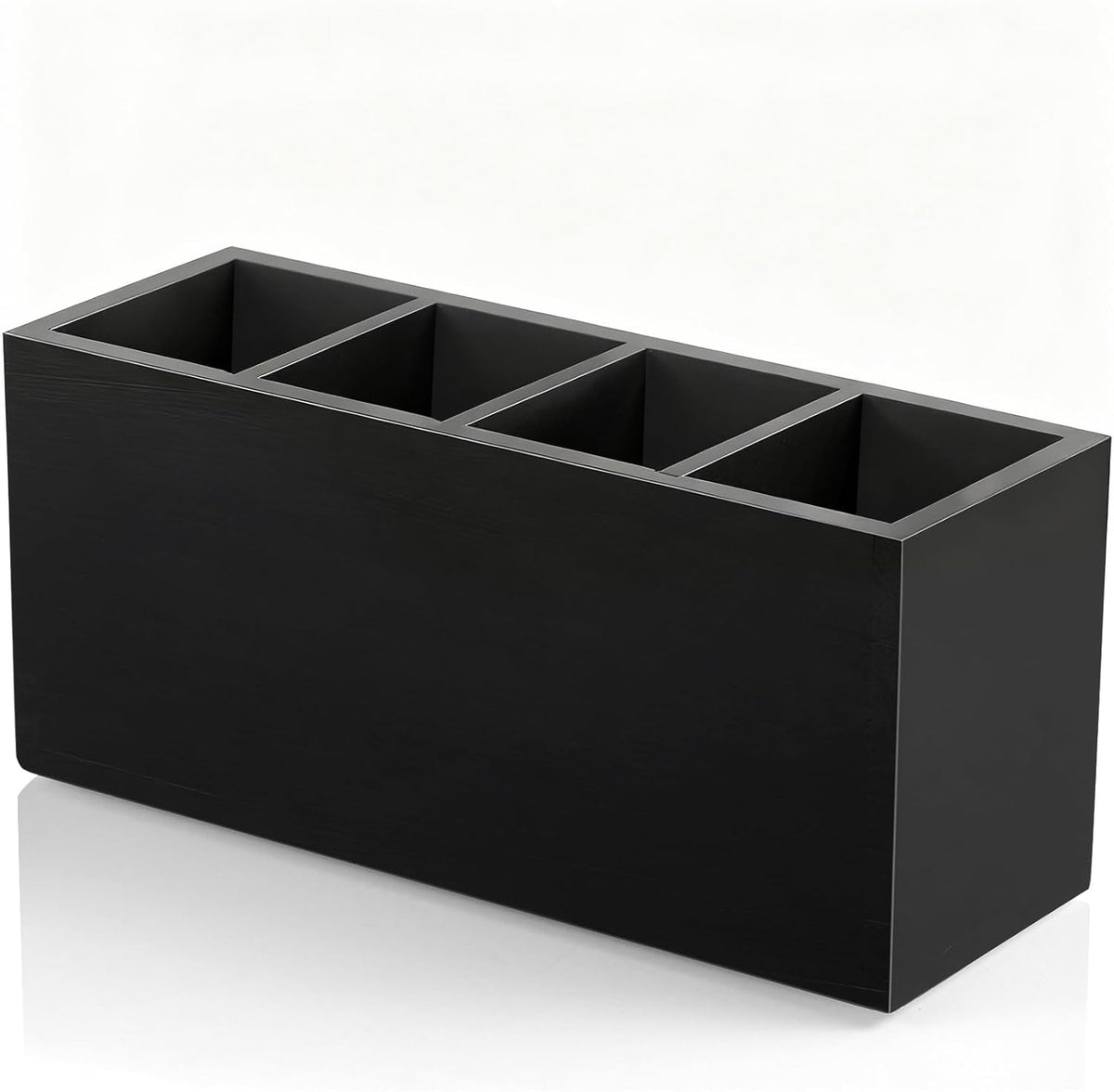 Bivvclaz Pencil Pen Holder for Desk, Wooden Office Desk Organizers and Accessories with 4 Slots for Countertop, Makeup Brush Holder Organizer for Bathroom Vanity, Silverware Caddy for Party, Black