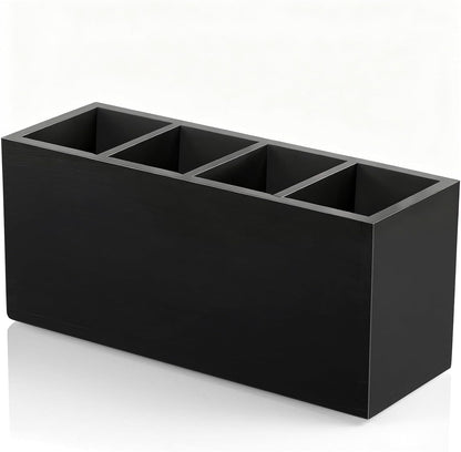 Bivvclaz Pencil Pen Holder for Desk, Wooden Office Desk Organizers and Accessories with 4 Slots for Countertop, Makeup Brush Holder Organizer for Bathroom Vanity, Silverware Caddy for Party, Black