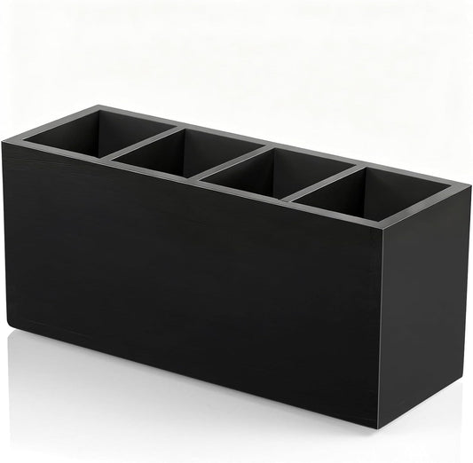 Bivvclaz Pencil Pen Holder for Desk, Wooden Office Desk Organizers and Accessories with 4 Slots for Countertop, Makeup Brush Holder Organizer for Bathroom Vanity, Silverware Caddy for Party, Black