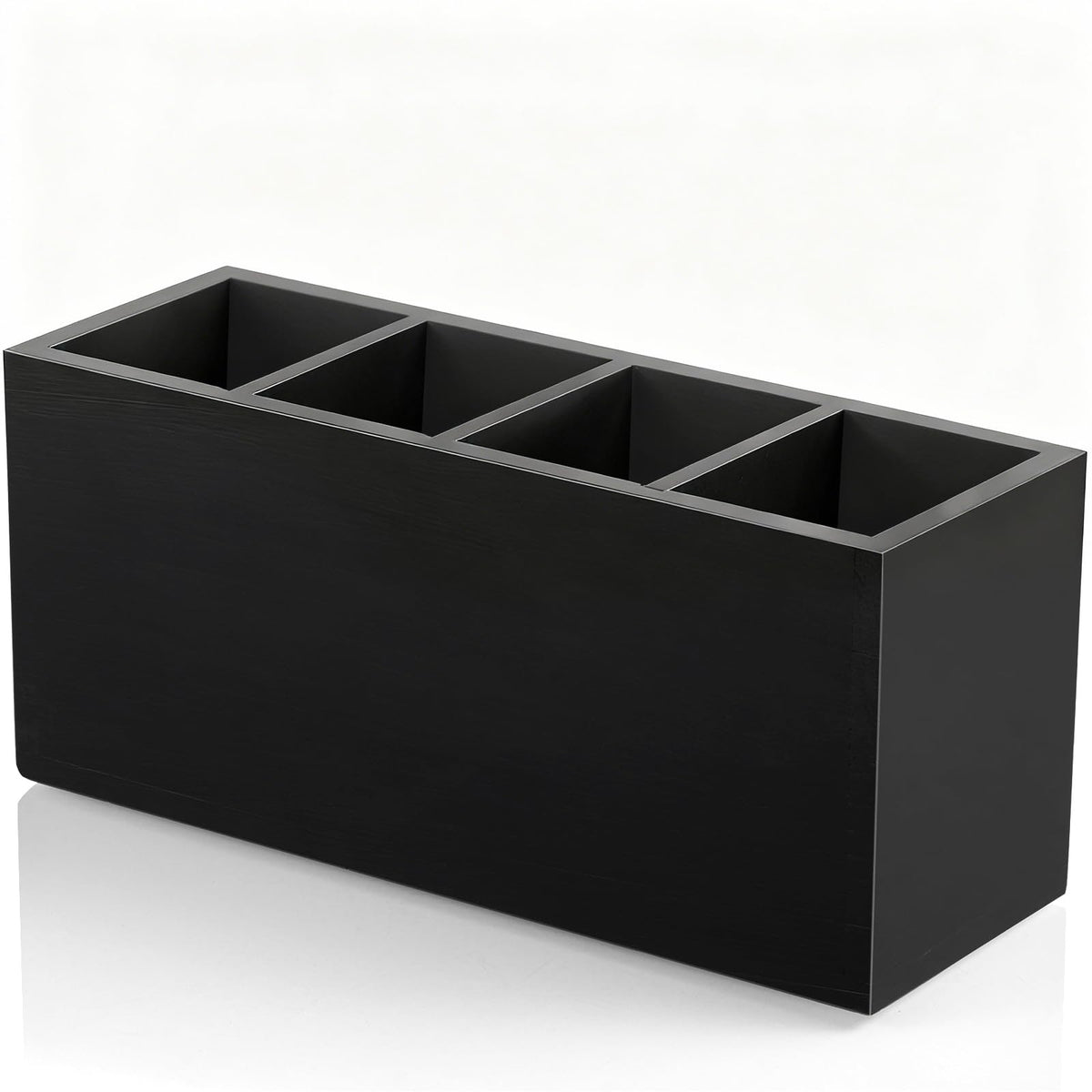 Bivvclaz Pencil Pen Holder for Desk, Wooden Office Desk Organizers and Accessories with 4 Slots for Countertop, Makeup Brush Holder Organizer for Bathroom Vanity, Silverware Caddy for Party, Black