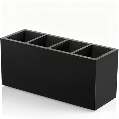 Bivvclaz Pencil Pen Holder for Desk, Wooden Office Desk Organizers and Accessories with 4 Slots for Countertop, Makeup Brush Holder Organizer for Bathroom Vanity, Silverware Caddy for Party, Black