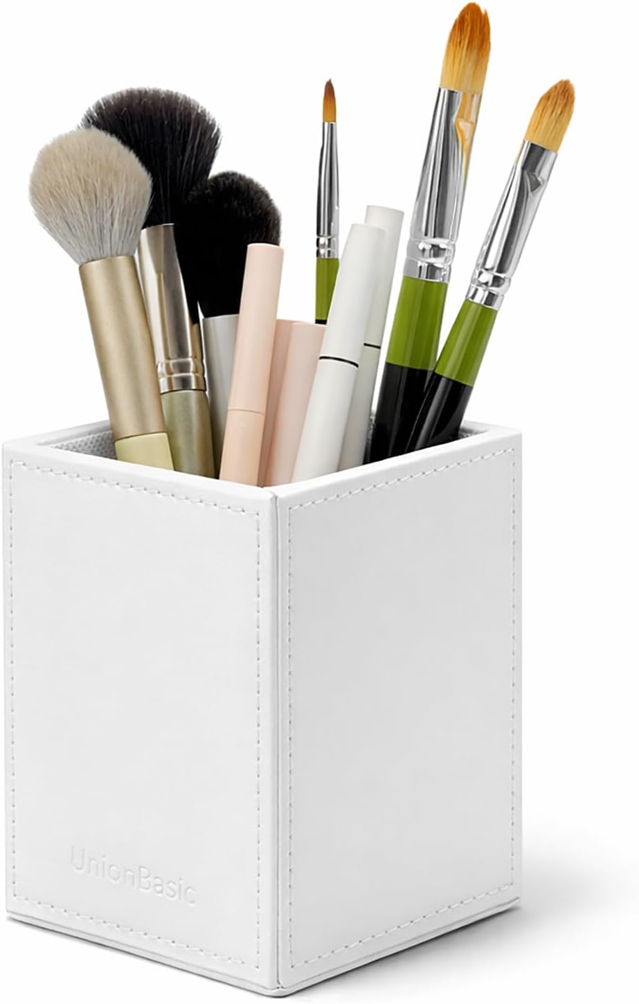 UnionBasic Square Pen Holder, Leather Pencil Cup, Desktop Caddy Stationery Organizer, White
