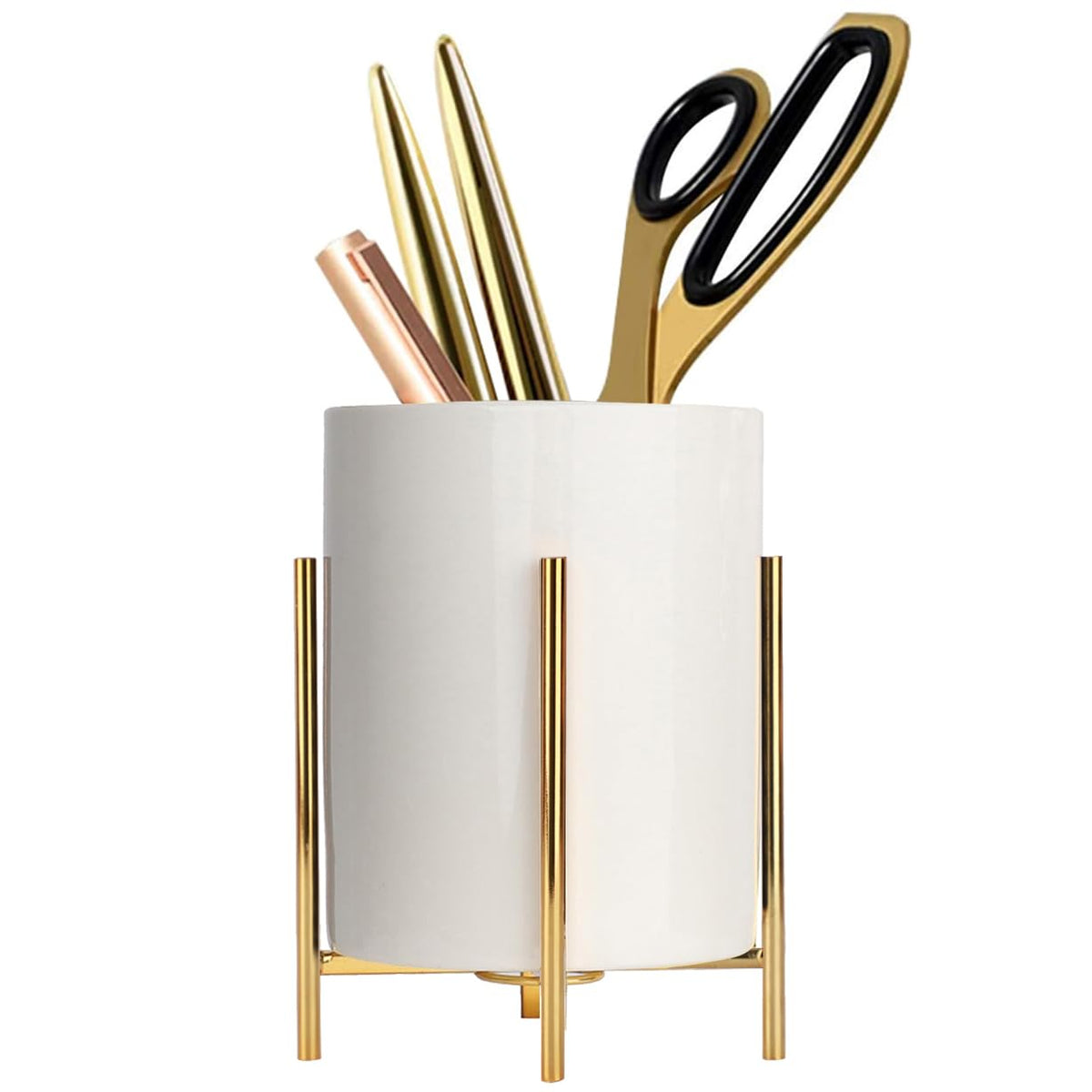 Gold pencil cup Sturdy metal frame with white ceramic pen holder For desks and kitchen appliance holders