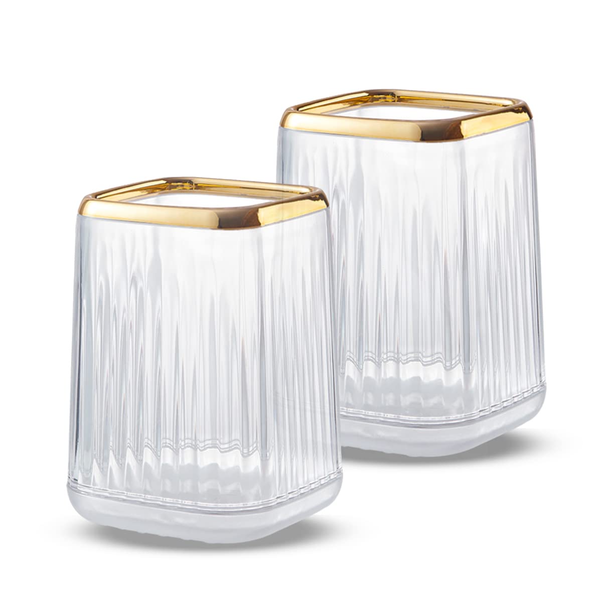 Lebenrich Makeup Brush Holder Organizer for Vanity, Acrylic Gold Make Up Brushes Holders Container Storage Cup with Striped Design for Bathroom Countertop, Pen Pencil Holder Cosmetic Cup for Desk