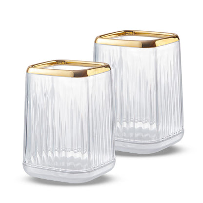 Lebenrich Makeup Brush Holder Organizer for Vanity, Acrylic Gold Make Up Brushes Holders Container Storage Cup with Striped Design for Bathroom Countertop, Pen Pencil Holder Cosmetic Cup for Desk