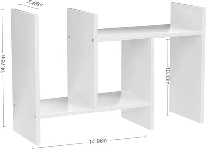 Desk Shelves Wood Desktop Orgnizer Shelf. Office Organization for Top of Desk Organizers and Accessories Bookshelf Shelving,Adjustable Tier H-Shape Mini Bookcase(White)