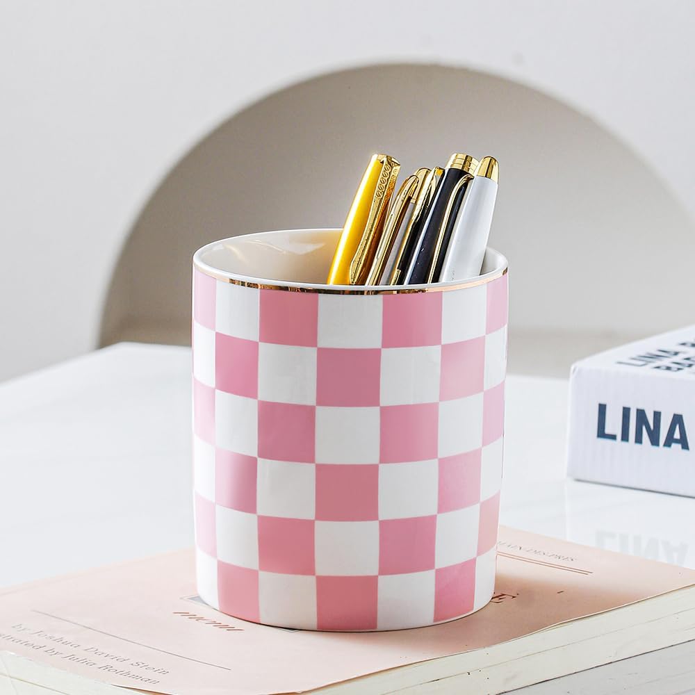 Ceramic Checkered Pen Holder For Desk Cute Stand Gold Line Pencil Cup Pot Desk Organizer Makeup Brush Holder for Girls,Women (Pink-white)