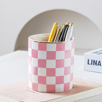 Ceramic Checkered Pen Holder For Desk Cute Stand Gold Line Pencil Cup Pot Desk Organizer Makeup Brush Holder for Girls,Women (Pink-white)