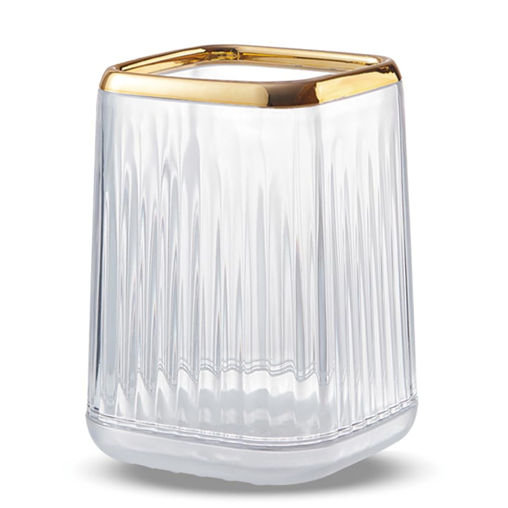 Acrylic Pen Holder, Cute Clear Gold Desk Organizer for Pencils, Makeup Brushes Toothbrushes with Striped Design for Vanity Bathroom Storage Cup