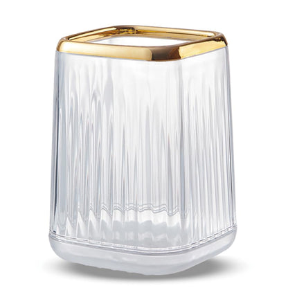 Acrylic Pen Holder, Cute Clear Gold Desk Organizer for Pencils, Makeup Brushes Toothbrushes with Striped Design for Vanity Bathroom Storage Cup