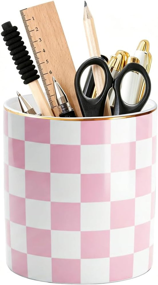 Ceramic Checkered Pen Holder For Desk Cute Stand Gold Line Pencil Cup Pot Desk Organizer Makeup Brush Holder for Girls,Women (Pink-white)