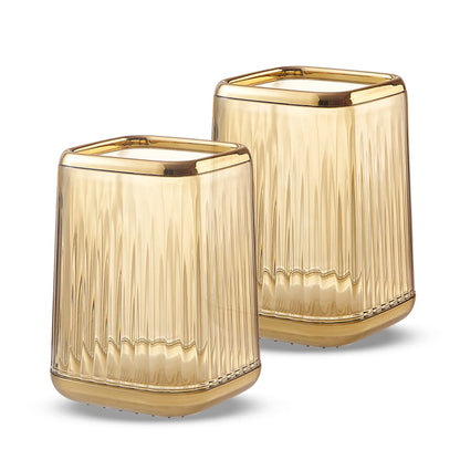 Lebenrich Makeup Brush Holder Organizer for Vanity, Acrylic Gold Make Up Brushes Holders Container Storage Cup with Striped Design for Bathroom Countertop, Pen Pencil Holder Cosmetic Cup for Desk