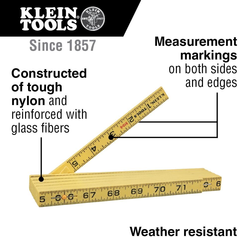 Klein Tools 910-6 Folding Ruler 6-Foot, Durable Fiberglass, Inside Reading
