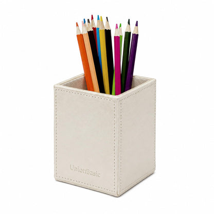 UnionBasic Square Pen Holder, Leather Pencil Cup, Desktop Caddy Stationery Organizer, White