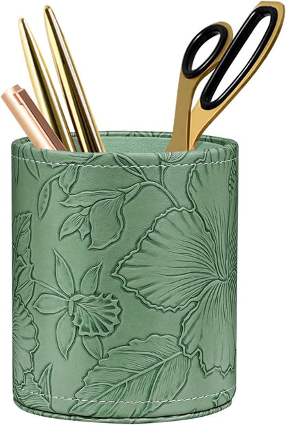 Round Leather Pen Holder for Desk, Desktop Organizer, (Carved Green)