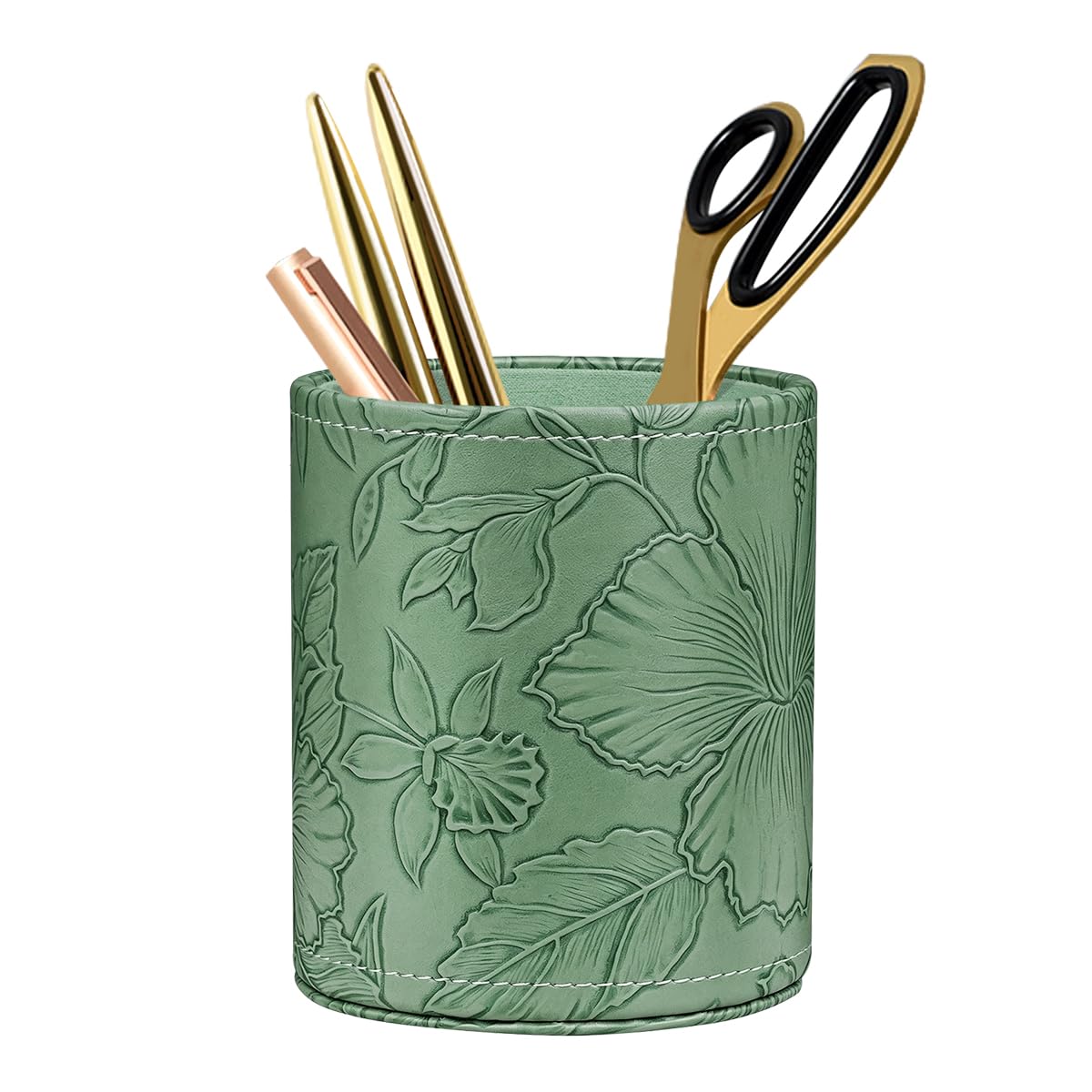 Round Leather Pen Holder for Desk, Desktop Organizer, (Carved Green)
