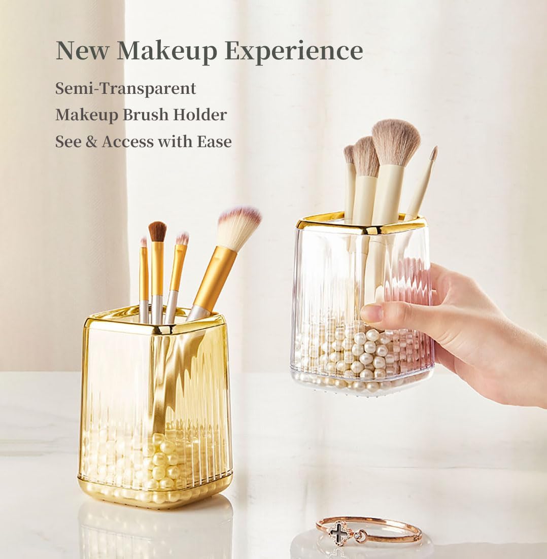 Acrylic Pen Holder, Cute Clear Gold Desk Organizer for Pencils, Makeup Brushes Toothbrushes with Striped Design for Vanity Bathroom Storage Cup