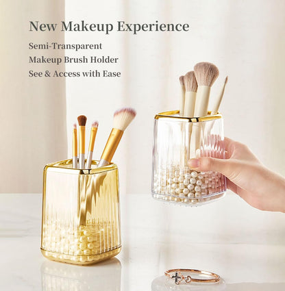 Acrylic Pen Holder, Cute Clear Gold Desk Organizer for Pencils, Makeup Brushes Toothbrushes with Striped Design for Vanity Bathroom Storage Cup