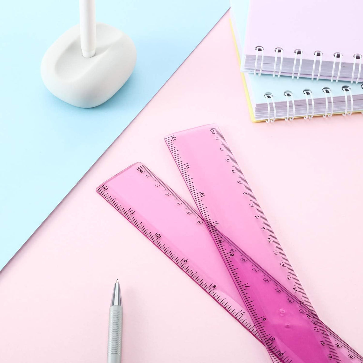 EBOOT 2 Pack Plastic Ruler Straight Clear Measuring Tool, Pink, 12 Inch