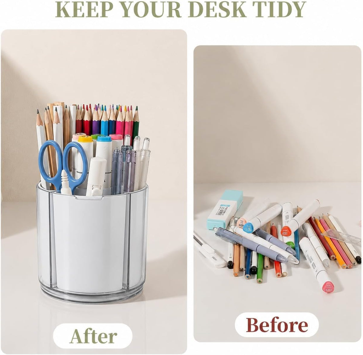 360° Rotating Pen Holder for Desk Adjustable Pencil Organizer, Gray-White