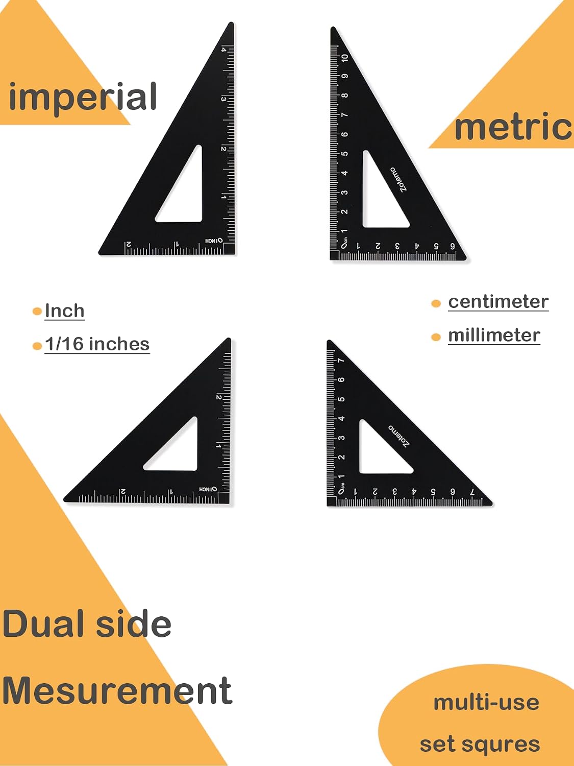 Metal Geometry Set, 5-piece Aluminum Ruler, Math Drafting Ruler Kit Includes Protractor, Triangle Rulers, Straight Rulers-Math Measurement Tools for School and Office Supplies (Black)