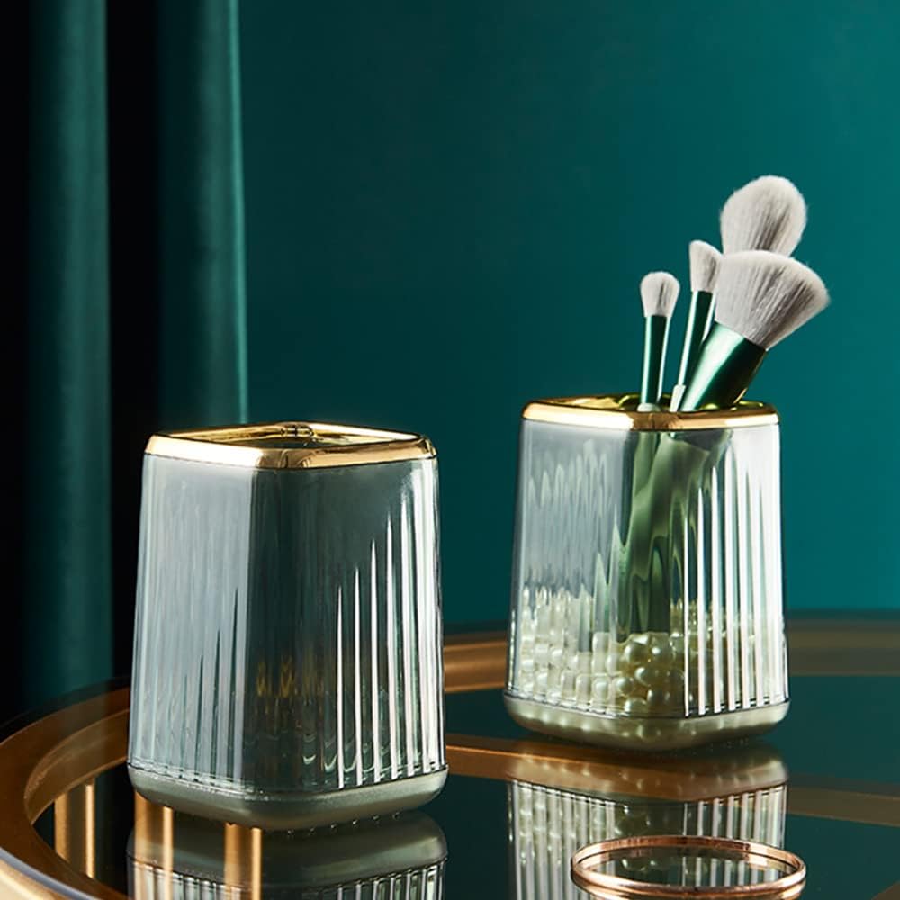Lebenrich Makeup Brush Holder Organizer for Vanity, Acrylic Gold Make Up Brushes Holders Container Storage Cup with Striped Design for Bathroom Countertop, Pen Pencil Holder Cosmetic Cup for Desk