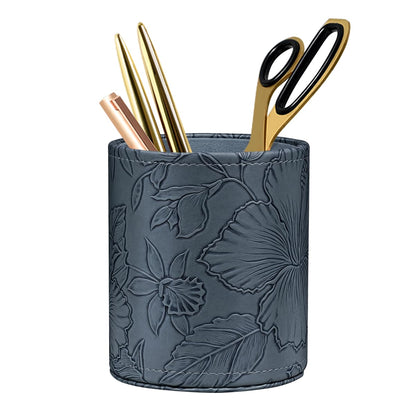 Round Leather Pen Holder for Desk, Desktop Organizer, (Carved Green)